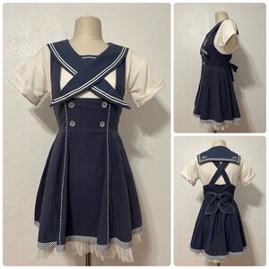 Secret Honey Sailor Navy Collar Nautical Jumper Skirt Seifuku Sailor Dress Set